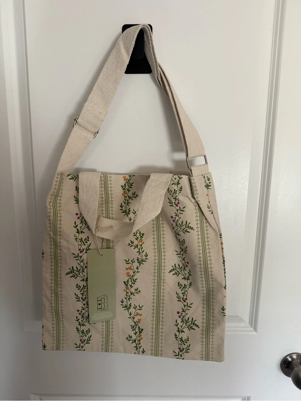 Canvas Floral Stripe Crossbody Tote Bag in Cream